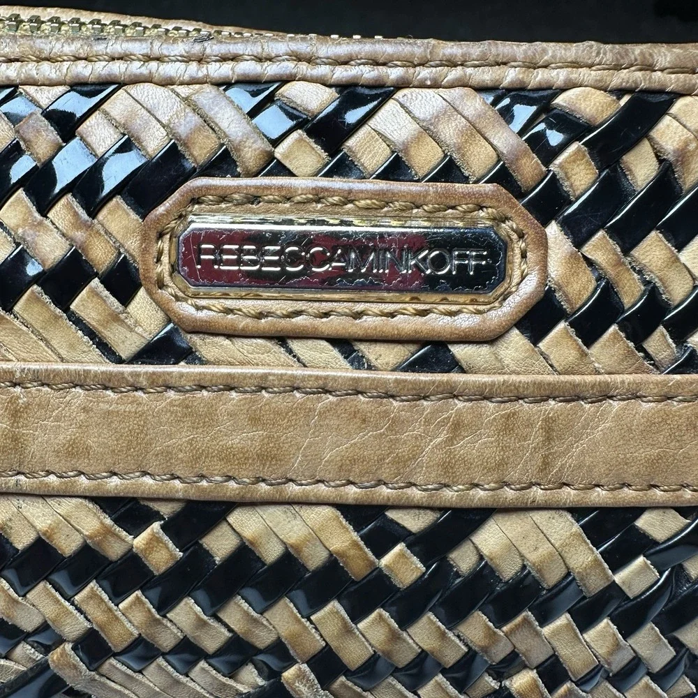 Rebecca Minkoff MAC Woven‎ Leather Crossbody Tan Black Chain Strap Shoulder Bag